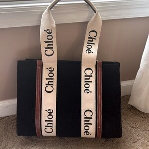 Chloe Woody Medium black Wool Tote Bag Authentic NWT Black/Tan